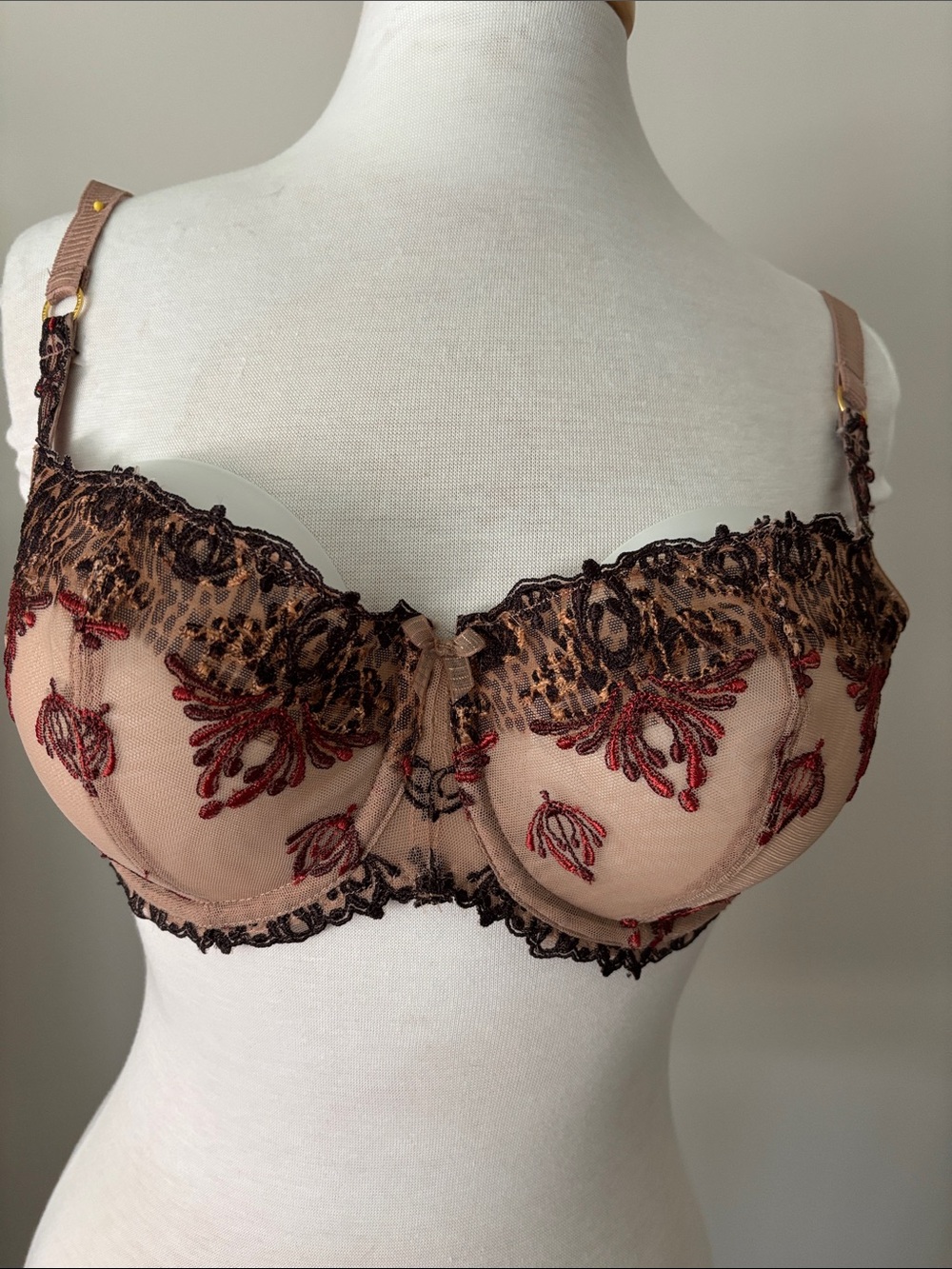 Chantelle Nude Balconette Bra with Brown and Red Embroidery